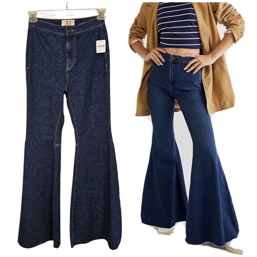 Free People Dark Indigo High-Waist Flare Jeans